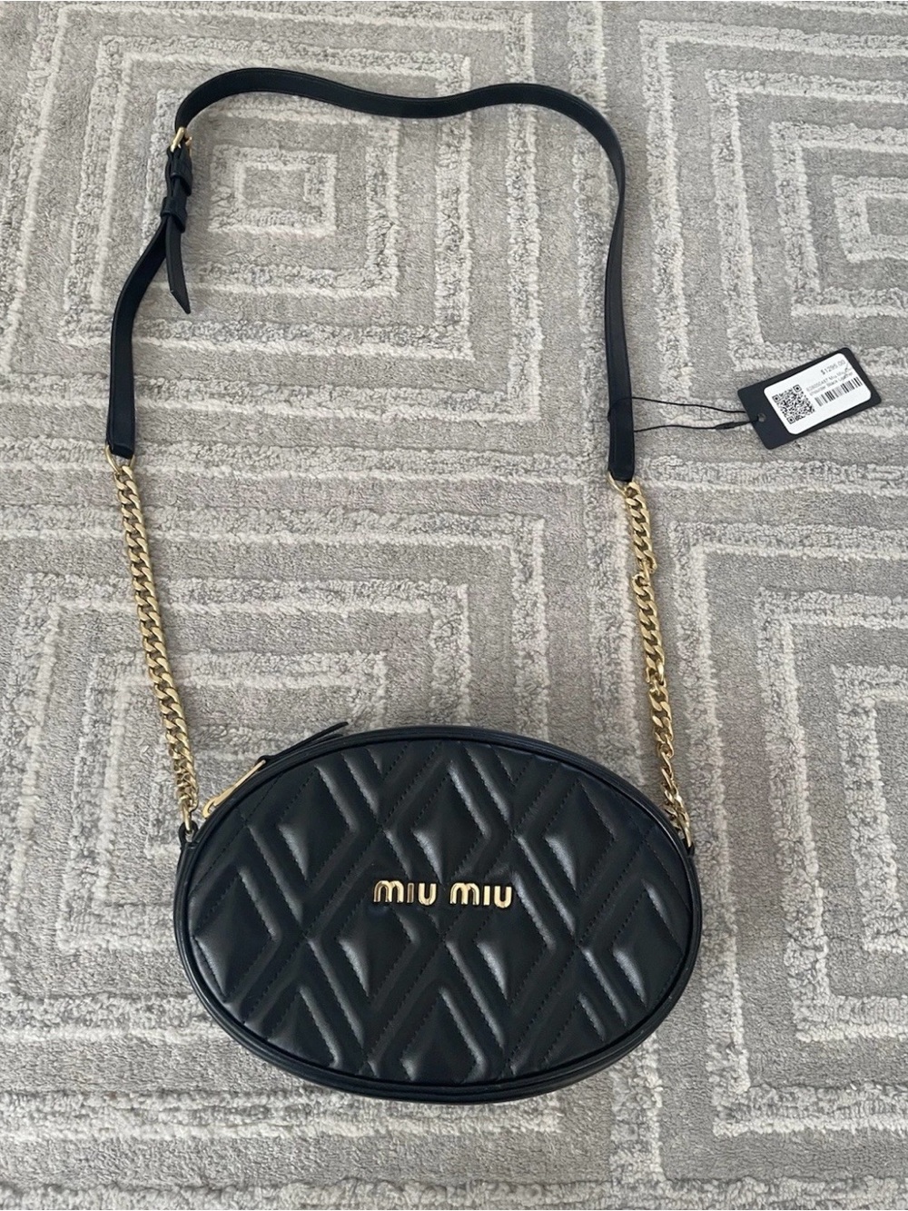 Miu Miu Black Quilted Oval Leather Crossbody with Gold Chain Authentic